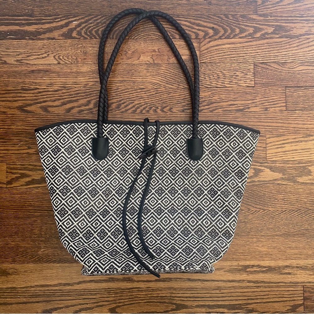 Neiman Marcus Black and White Tote Bag with Leather Braided Strap